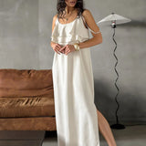 Abito lungo in lino color cachi con scollo rotondo e volant