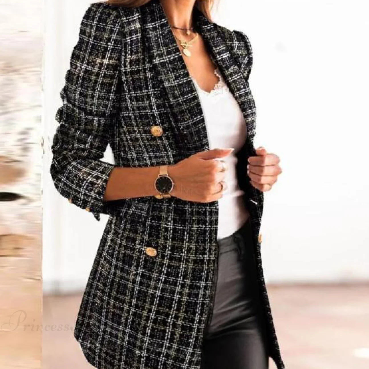 Blazer doppiopetto elegante a quadri slim a maniche lunghe da donna