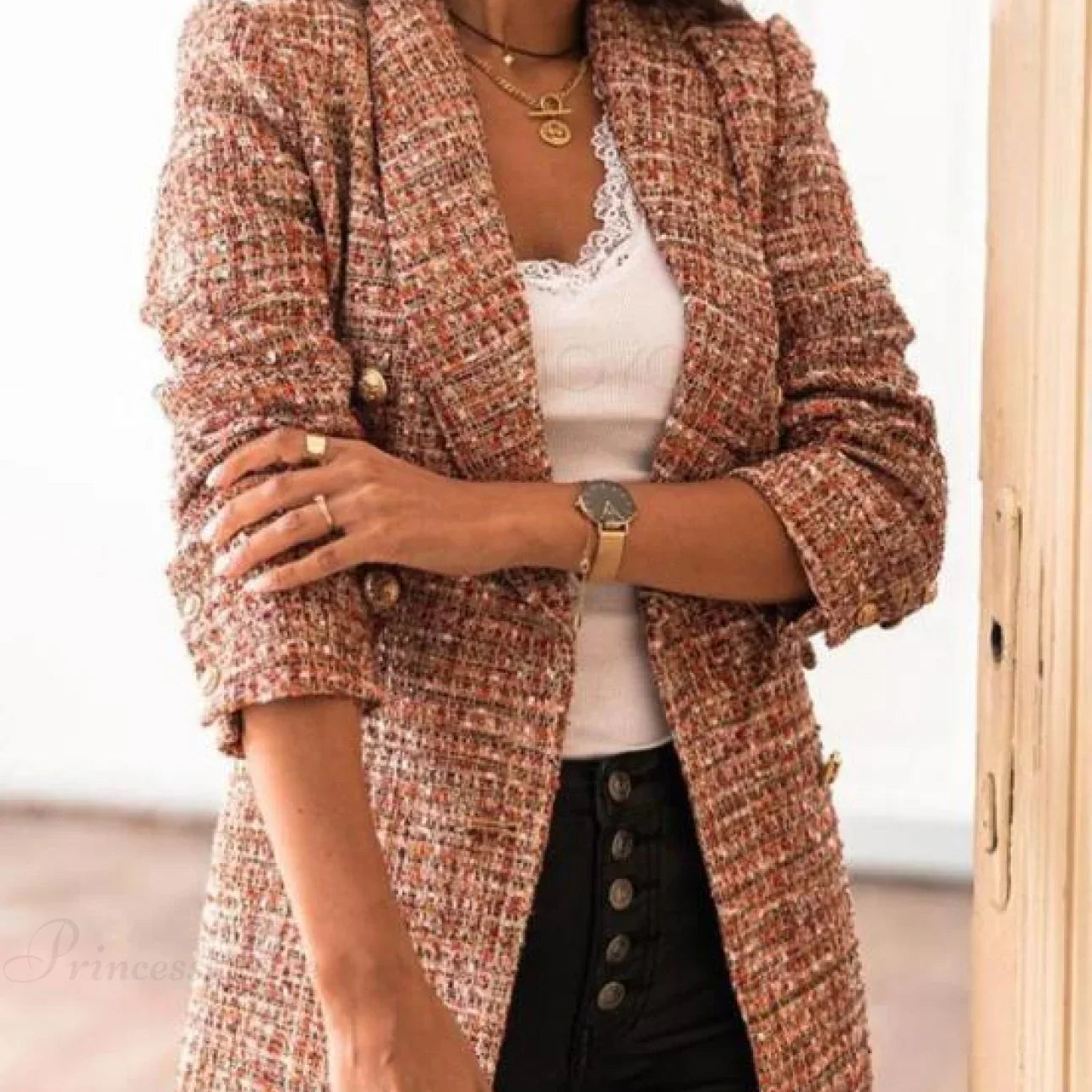 Blazer doppiopetto elegante a quadri slim a maniche lunghe da donna