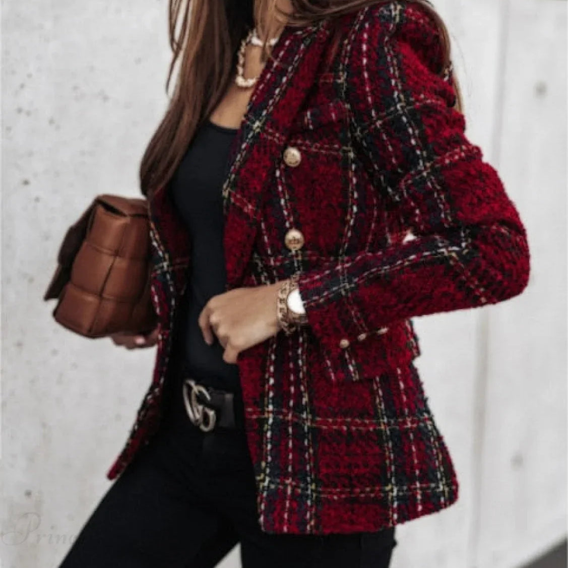 Blazer doppiopetto elegante a quadri slim a maniche lunghe da donna