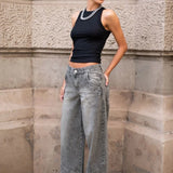 Jeans dritti con strass a vita bassa e rilassati