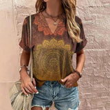 Camicetta da donna - Maniche corte - Scollo a V - Motivo geometrico bohémien - Vestibilità ampia e leggera