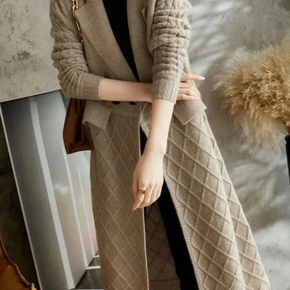 Cardigan lungo da donna – Maglia di lana – Vestibilità rilassata – Aperto davanti – Motivo a rombi