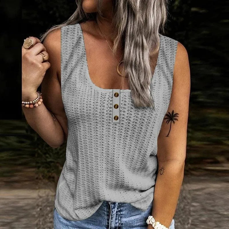 Top senza maniche da donna - Scollo tondo - Bottoni decorativi - Tessuto casual testurizzato