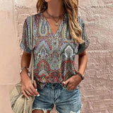 Camicetta da donna - Maniche corte - Scollo a V - Motivo geometrico bohémien - Vestibilità ampia e leggera