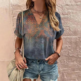 Camicetta da donna - Maniche corte - Scollo a V - Motivo geometrico bohémien - Vestibilità ampia e leggera