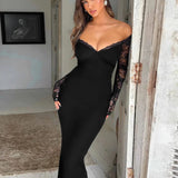 Abito lungo con spalle scoperte e bordi in pizzo