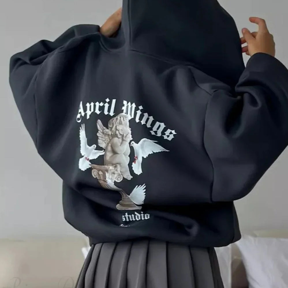 Felpa con cappuccio oversize con stampa angelo casual da strada e cerniera