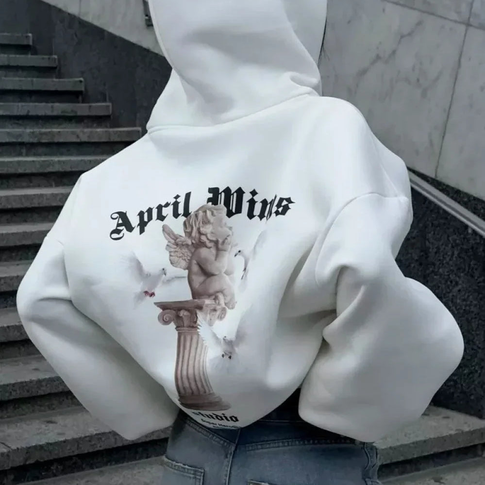 Felpa con cappuccio oversize con stampa angelo casual da strada e cerniera