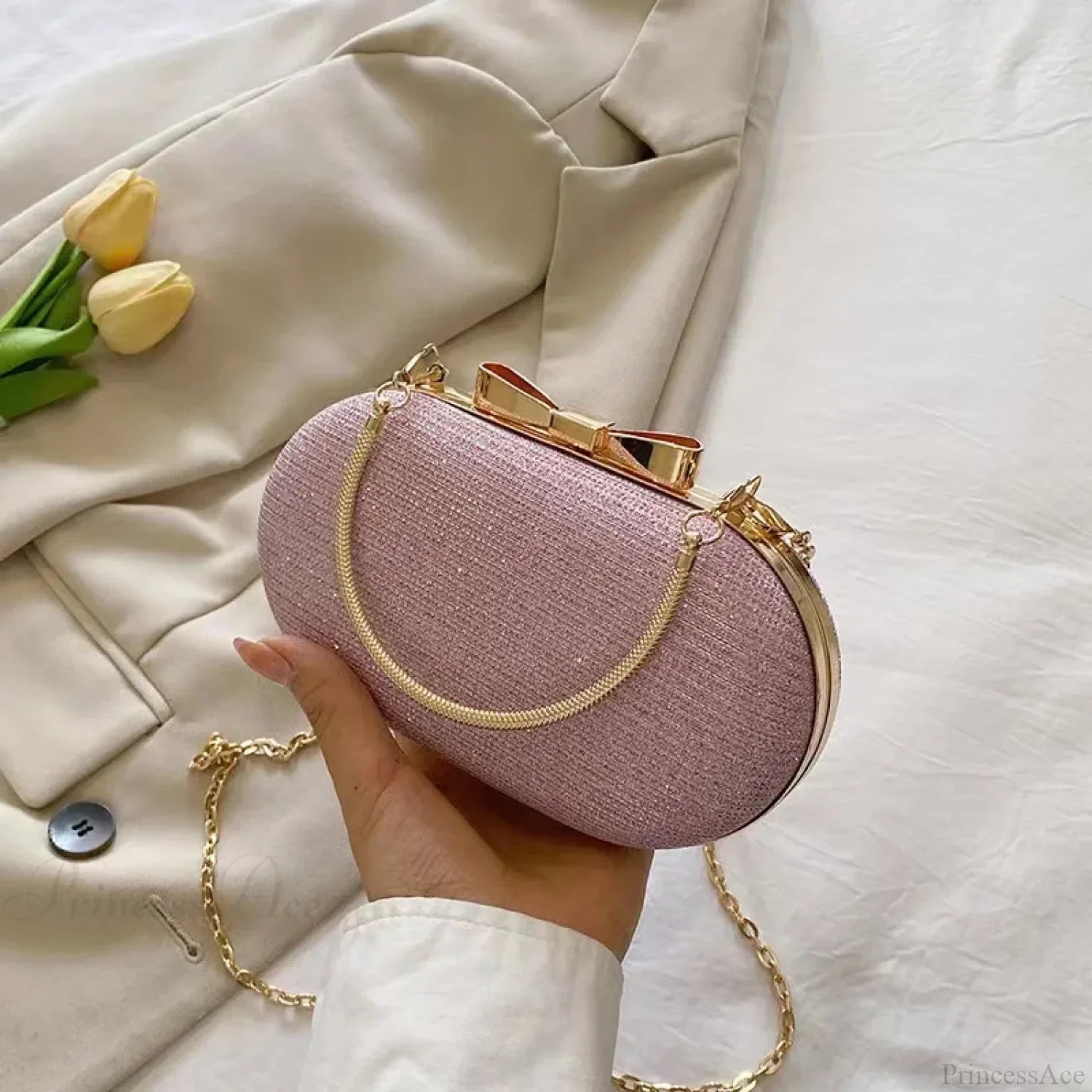 Borsa a tracolla di lusso da sera con paillettes rosa scintillanti