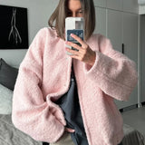 Giacca in pile casual rosa con collo alto