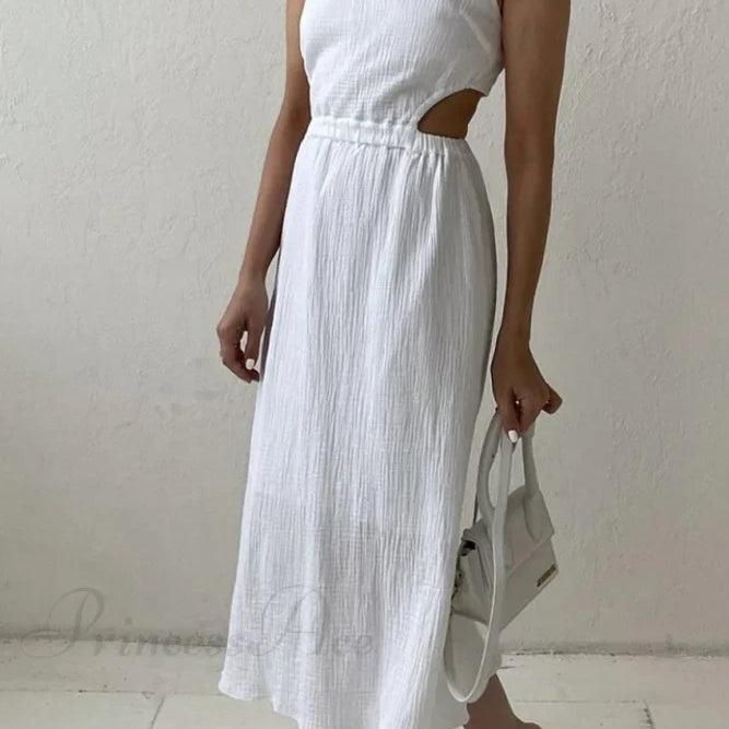 Abito canotta plissettato con chiusura monopetto e vita scoperta