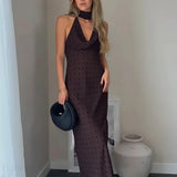 Abito lungo con collo a scialle a pois