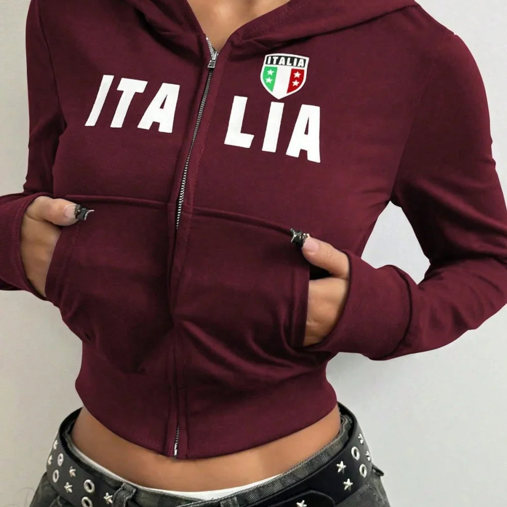 Felpa con cappuccio corta e stampata con cerniera