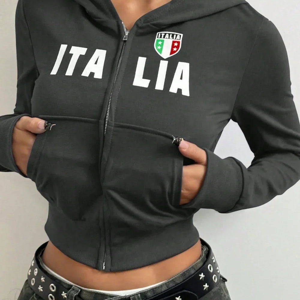 Felpa con cappuccio corta e stampata con cerniera