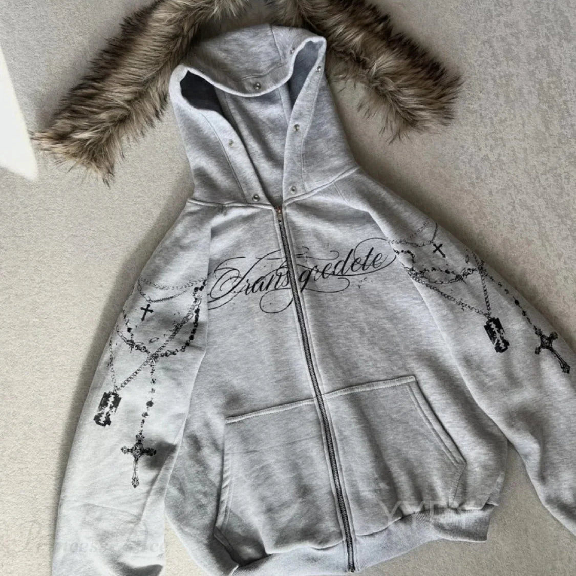 Felpa con cappuccio in pelliccia staccabile con cerniera stampata