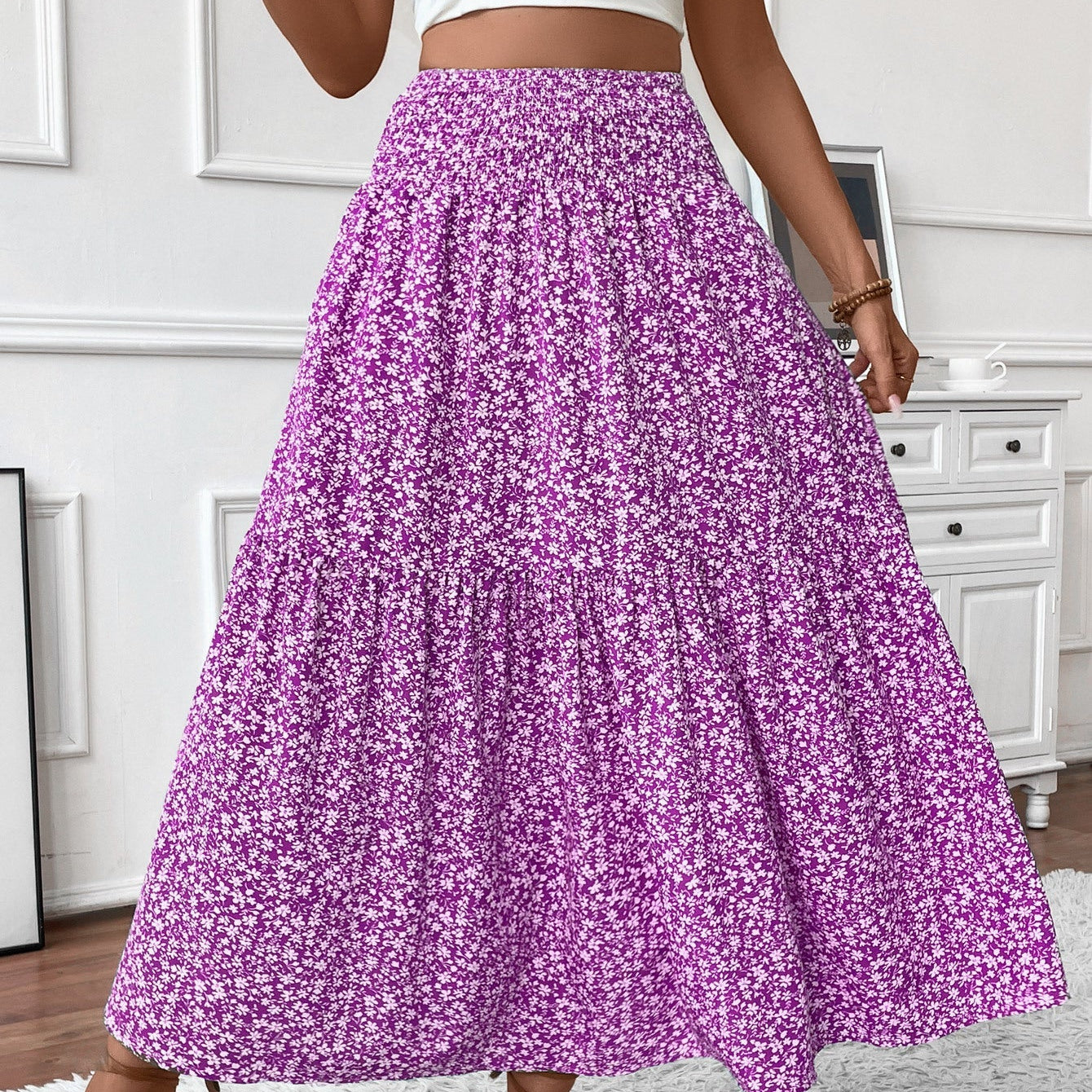 Gonna lunga da donna - Vita elasticizzata - Motivo arricciato - Stampa floreale