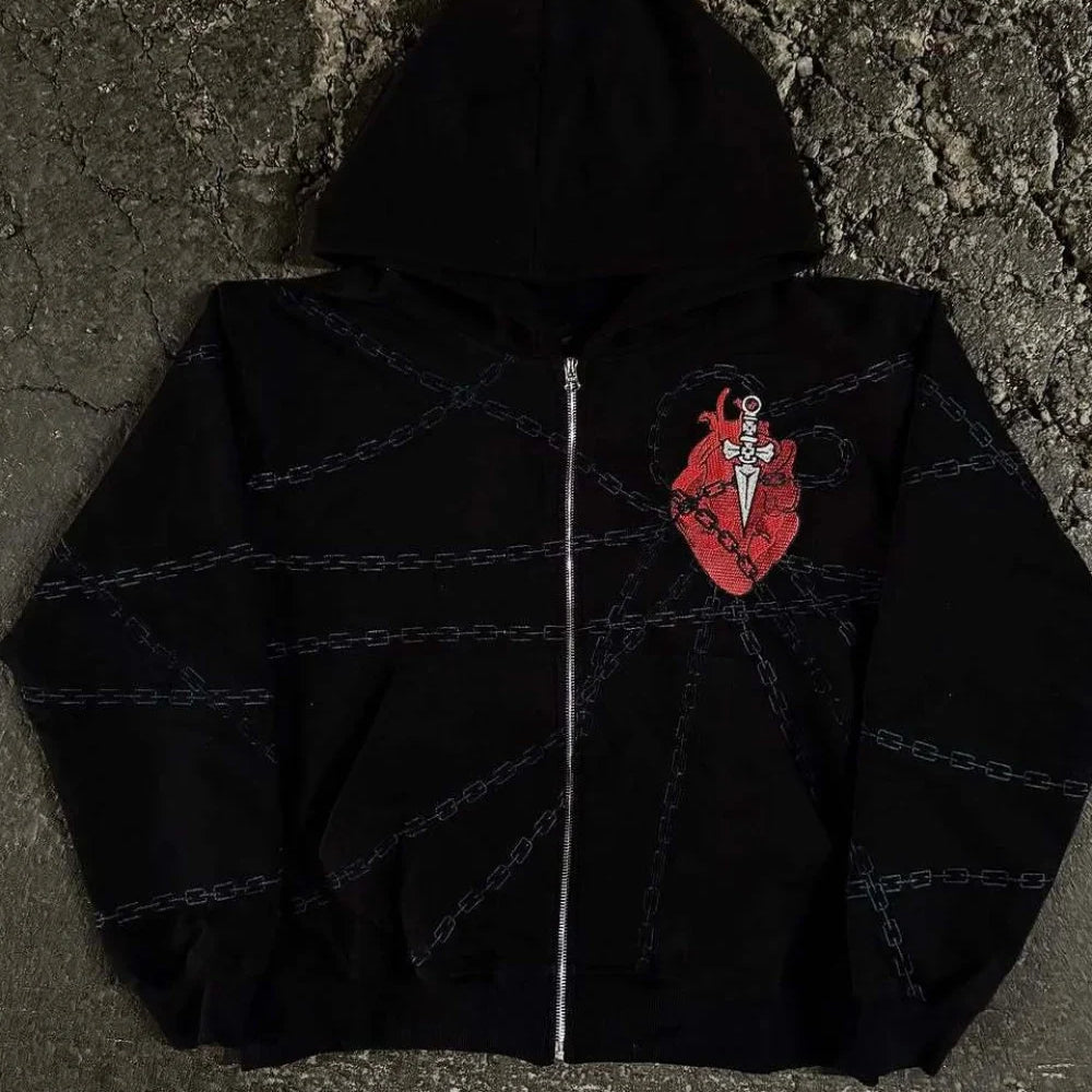 Felpa con cappuccio con stampa 3D ricamata a forma di cuore e catena, vestibilità rilassata