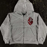 Felpa con cappuccio con stampa 3D ricamata a forma di cuore e catena, vestibilità rilassata