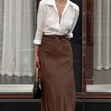 Gonna lunga a vita alta in pelle scamosciata marrone retrò