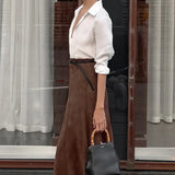 Gonna lunga a vita alta in pelle scamosciata marrone retrò