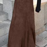 Gonna lunga a vita alta in pelle scamosciata marrone retrò