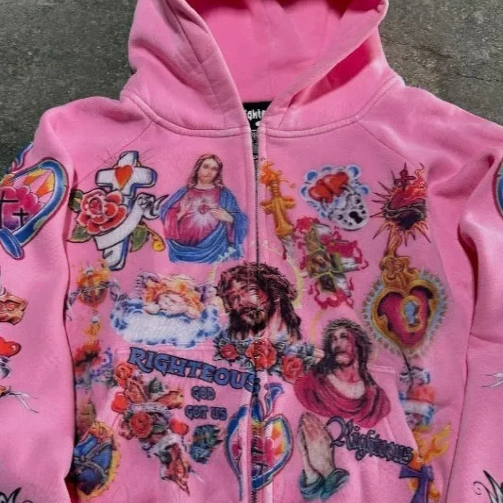 Felpa con cappuccio larga stampata con motivo retrò