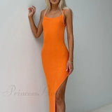 Abito midi sexy estivo senza maniche con spalline e schiena scoperta in maglia a coste