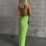 Abito midi sexy estivo senza maniche con spalline e schiena scoperta in maglia a coste