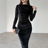 Abito midi attillato, aderente, a maniche lunghe, con volant, elegante, autunnale, perfetto per le discoteche