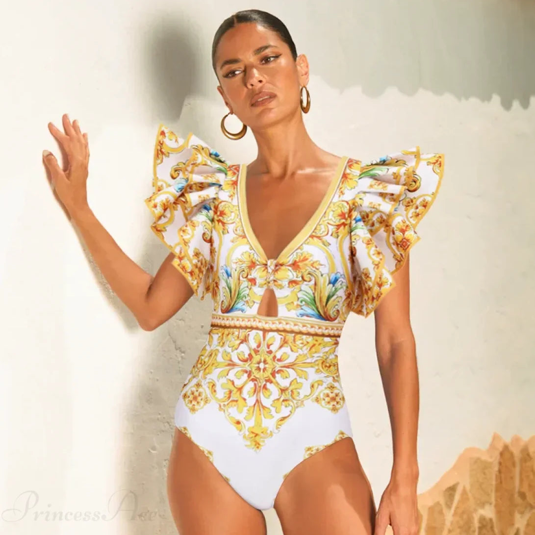 Completo due pezzi con pantaloncini in maiolica e scollo a V con volant