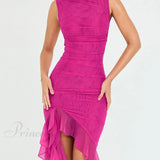 Abito midi sensuale irregolare senza maniche, arricciato e scollato, perfetto per l'estate