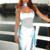 Abito lungo aderente con pannello in pizzo e canotta in raso