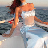 Abito lungo aderente con pannello in pizzo e canotta in raso