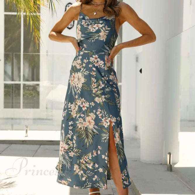 Abito canotta con stampa floreale in raso e scollo a cappuccio con spacco