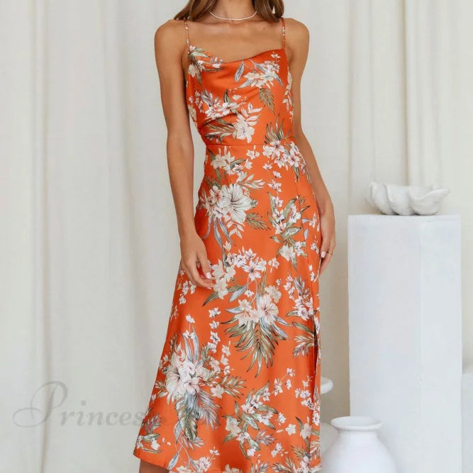 Abito canotta con stampa floreale in raso e scollo a cappuccio con spacco