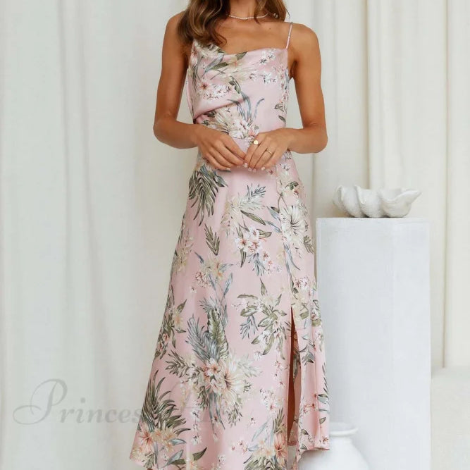 Abito canotta con stampa floreale in raso e scollo a cappuccio con spacco