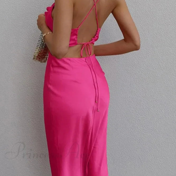 Abito canotta incrociato in raso con lacci posteriori e motivo a rose