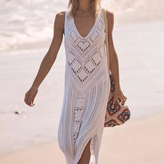 Abito in rete da donna – Vestibilità casual – Scollo a V – Motivo geometrico – Spacco laterale