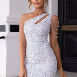 Abito da sera aderente con una spalla e catena di paillettes