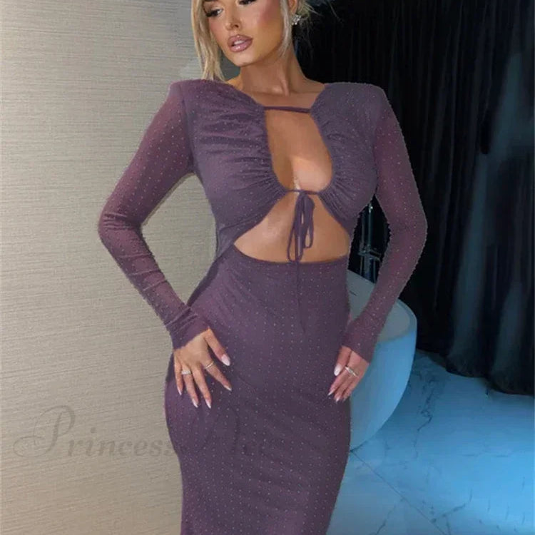 Abito midi sensuale aderente con maniche lunghe e paillettes, perfetto per le feste in discoteca