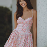 Mini abito sexy con spalline sottili e allacciatura sulla schiena, stile a trapezio e motivo floreale