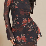 Mini abito aderente sexy in tulle floreale