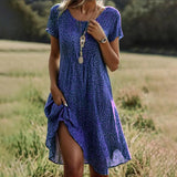 Abito da donna - Vestibilità ampia - Scollo a V - Maniche corte - Stampa floreale - Orlo asimmetrico