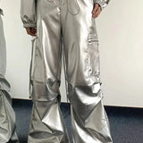 Pantaloni cargo a vita alta con risvolti argentati