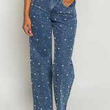 Jeans a gamba dritta sfilacciati con perline incrociate e vita inclinata