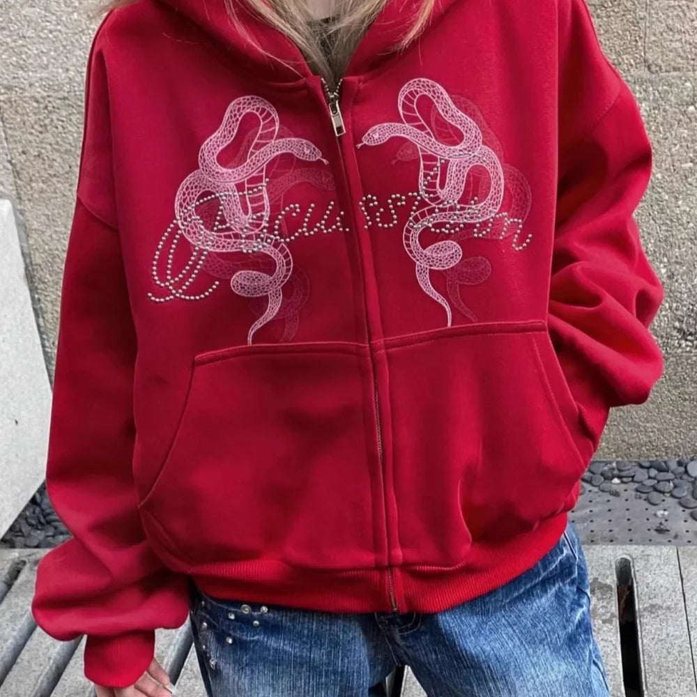 Felpa con cappuccio corta con zip e strass stampa serpente