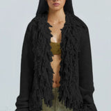 Cardigan lungo e largo in maglia con frange in tinta unita