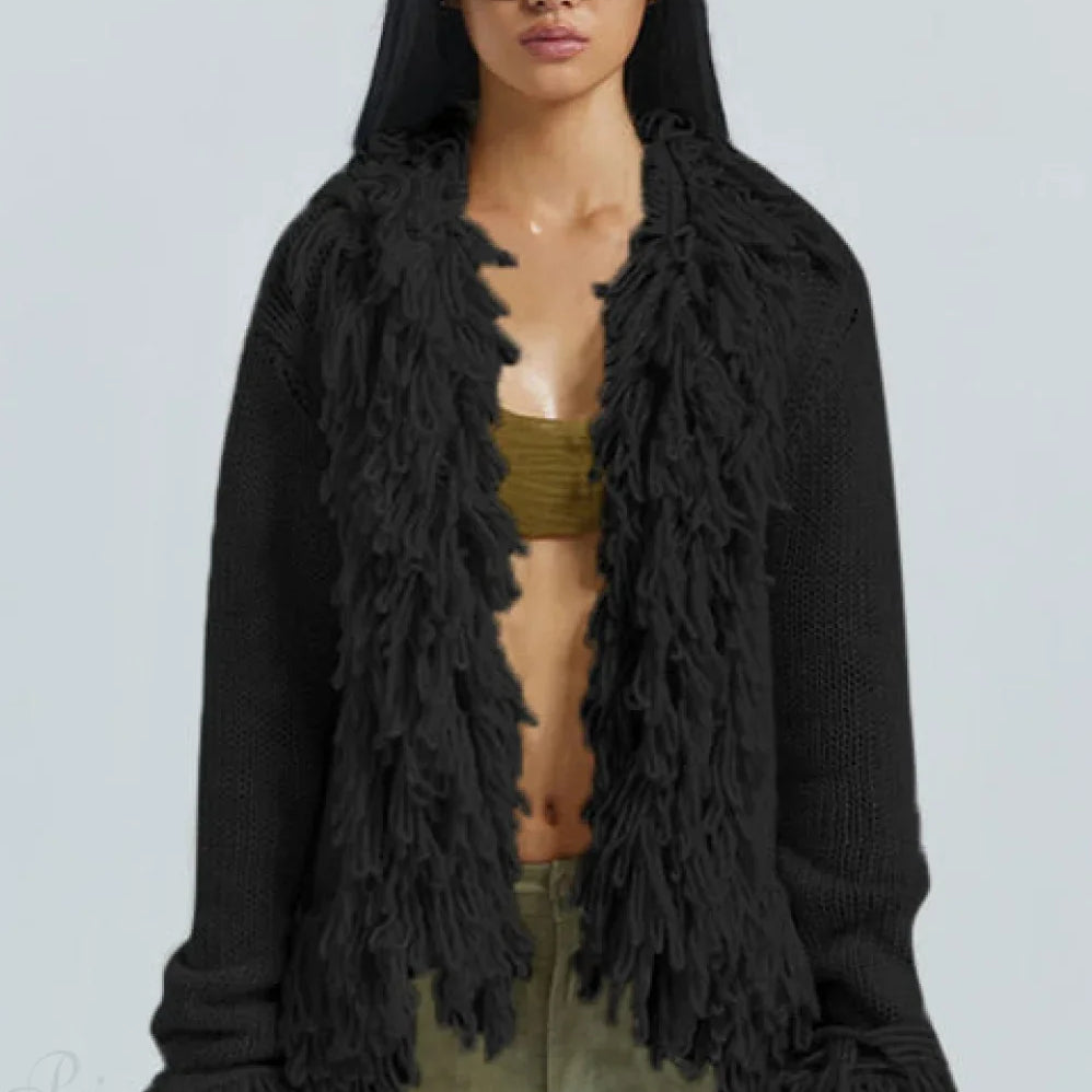 Cardigan lungo e largo in maglia con frange in tinta unita
