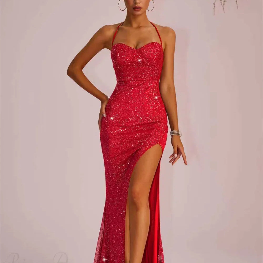 Abito lungo da festa aderente con scollatura profonda e spacco sulla schiena